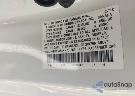 2019 Honda Civic Si из США, поврежденный, VIN 2HGFC3A53KH751364